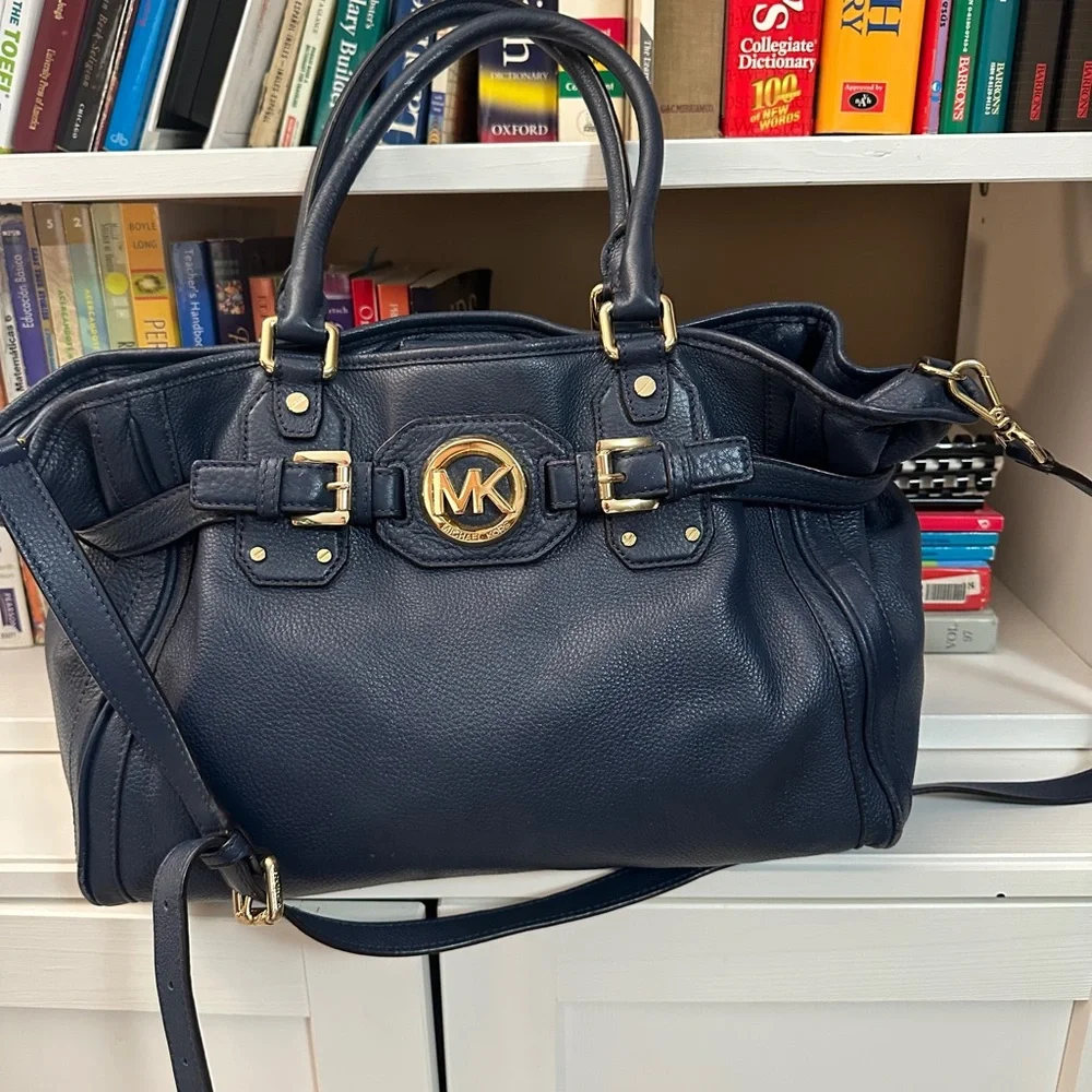 Michael Kors Navy Leather Satchel with Gold-Tone MK Emblem